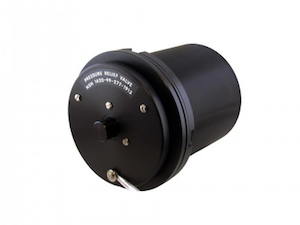 A Black High Flow Relief Valve With A Manual Release Button And A Retaining Clip To Secure The Button