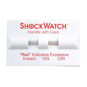 A White ShockWatch Clip With A Highly Visible Window And With Instruction: Red Indicates Excessive Impact
